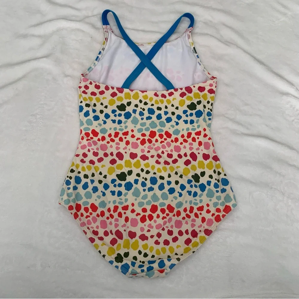 Boden Girls Multi‎ Color Polka Dot One Piece Swimsuit Blue Cross Back Straps